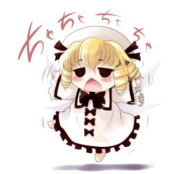 Rule 34 | 1girl, :&lt;, black eyes, blonde hair, blush stickers, chestnut mouth, curly hair, female focus, hat, luna child, ribbon, solo, touhou, wings, yume shokunin