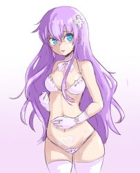 Rule 34 | 1girl, bare shoulders, blue eyes, blush, bra, breasts, choujigen game neptune, d-pad, d-pad hair ornament, gloves, hair ornament, jewelry, long hair, looking at viewer, medium breasts, nepgear, neptune (series), open mouth, panties, purple hair, ring, slave tattoo, smile, solo, tattoo, thighhighs, underwear, white bra