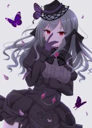 Rule 34 | breasts, bug, butterfly, buttons, chain, dark persona, diamond (gemstone), frozenpile, gloves, hair ribbon, half updo, hand on own face, hat, highres, idolmaster, idolmaster cinderella girls, insect, kanzaki ranko, lolita fashion, long hair, looking at viewer, medium breasts, mini hat, petals, red eyes, ribbon, ribbon-trimmed clothes, ribbon trim, silver hair, simple background