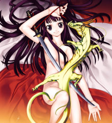 Rule 34 | 1girl, black eyes, black hair, breasts, censored, convenient censoring, dragon, japanese clothes, katana, large breasts, long hair, neko10, nude, open clothes, original, smile, solo, sword, weapon
