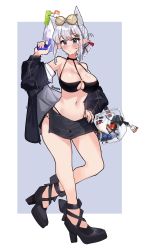 Rule 34 | absurdres, auraaa, bikini, black bikini, breasts, cleavage cutout, clothing cutout, eyewear on head, high heels, highres, jacket, jacket partially removed, large breasts, legs, lorel (auraaa), md5 mismatch, midriff, original, pointy ears, pout, shiny skin, sweat, swimsuit, thick thighs, thighs, water gun, white hair