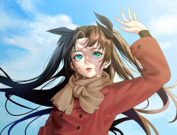 Rule 34 | 1girl, aqua eyes, arm up, black hair, black ribbon, blue sky, cloud, day, fate/stay night, fate (series), floating hair, hair ribbon, hanayaka, highres, jacket, lips, long hair, looking to the side, looking up, outdoors, parted lips, red jacket, ribbon, scarf, shadow, sky, solo, sunlight, tohsaka rin, two side up, upper body, wind