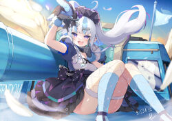 Rule 34 | 1girl, arm up, black dress, black gloves, blue hair, blue panties, blue sky, blue socks, breasts, cleavage, commentary request, connectopia, dated, dress, english text, feathered wings, feet out of frame, fishnet thighhighs, fishnets, flag, floating hair, frilled dress, frills, gloves, grey hair, hair ornament, hand up, highres, kneehighs, knees together feet apart, knees up, long hair, looking at viewer, medium breasts, mesugaki dia, military, military vehicle, motor vehicle, multicolored hair, outdoors, panties, pilokey, puffy short sleeves, puffy sleeves, purple eyes, short sleeves, side ponytail, signature, sitting, sky, socks, solo, sunset, tank, thighhighs, thighhighs over socks, two-tone hair, underwear, very long hair, virtual youtuber, white wings, wings