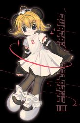 Rule 34 | 1girl, animal ears, antenna hair, arm warmers, black background, blonde hair, bow, di gi charat, dress, footwear bow, full body, highres, looking at viewer, panda ears, pantyhose, parted lips, pepeppepe101, piyoko, short hair, simple background, solo, white dress, white footwear