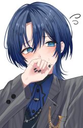 Rule 34 | 1girl, black nails, blue eyes, blue hair, blue shirt, blush, collared shirt, covering own mouth, formal, grey suit, highres, hiodoshi ao, hololive, hololive dev is, kei8987, looking at viewer, nail polish, shirt, short hair, solo, striped suit, suit, sweatdrop, virtual youtuber, white background