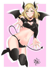 Rule 34 | 10s, 1girl, akira miku ver, black panties, blonde hair, blush, border, braid, breasts, cleavage, cleavage cutout, clothing cutout, demon horns, demon tail, demon wings, eyes visible through hair, full body, high heels, highres, horns, long hair, looking at viewer, love live!, love live! sunshine!!, medium breasts, navel, ohara mari, outside border, panties, parted lips, pink background, pointy ears, signature, simple background, smile, solo, tail, thighhighs, underwear, white background, white border, wings, yellow eyes