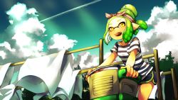 Rule 34 | 1girl, absurdres, bandana, black shorts, cloud, cloudy sky, contrail, day, fangs, green hair, highres, houzuki ringo, inkling, inkling girl, inkling player character, laundry, leaning forward, looking at viewer, mask, nintendo, open mouth, outdoors, shirt, shorts, sky, smile, solo, standing, striped clothes, striped shirt, tentacle hair, tree, white shirt, yellow eyes