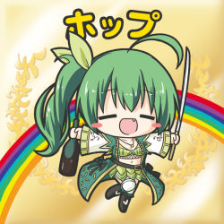 Rule 34 | 1girl, :d, ahoge, bikkuriman (style), black footwear, blush stickers, boots, bottle, breasts, character name, chibi, cleavage, closed eyes, facing viewer, fang, flower knight girl, full body, green hair, green ribbon, green skirt, hair between eyes, hair ribbon, holding, holding bottle, holding sword, holding weapon, hop (flower knight girl), katana, knee boots, long hair, long sleeves, medium breasts, navel, open mouth, outstretched arms, parody, pleated skirt, rainbow, ri-net, ribbon, side ponytail, skirt, smile, solo, spread arms, sword, thighhighs, thighhighs under boots, weapon, white thighhighs, wide sleeves