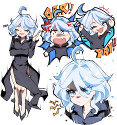 Rule 34 | 1girl, absurdres, ahoge, alternate costume, anger vein, angry, arm support, arms up, artist name, black dress, black eyes, black footwear, blue eyes, blue hair, breasts, closed eyes, closed mouth, collarbone, collared dress, dress, drop-shaped pupils, english text, eyelashes, fang, full body, furina (genshin impact), genshin impact, hair between eyes, hand up, happy, heterochromia, highres, light blue hair, long sleeves, looking at viewer, looking to the side, medium breasts, mismatched pupils, multicolored hair, open mouth, shoes, short hair, simple background, skin fang, smile, solo, sparkle, standing, symbol-shaped pupils, two-tone hair, upper body, v-shaped eyebrows, white background, wide sleeves, wokiiarts