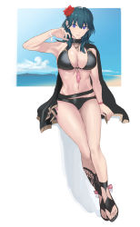 Rule 34 | 1girl, aizumi240326, armpits, bikini, black footwear, blue eyes, breasts, byleth (female) (fire emblem), byleth (female) (summer) (fire emblem), byleth (fire emblem), cleavage, feet, female focus, fire emblem, fire emblem: three houses, fire emblem heroes, flower, green hair, hair between eyes, hair flower, hair ornament, highres, invisible wall, large breasts, looking at viewer, navel, nintendo, official alternate costume, sandals, short hair, solo, swimsuit, thighs, toes, white background