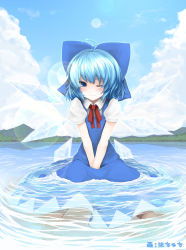 Rule 34 | 1girl, ahoge, blue hair, blush, bow, cirno, detached wings, hachachi, hair bow, highres, ice, ice wings, partially submerged, puffy sleeves, short hair, short sleeves, smile, solo, touhou, water, wings, wink