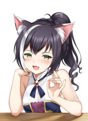 Rule 34 | 1girl, :d, animal ear fluff, animal ears, bare arms, bare shoulders, black hair, blush, braid, breasts, cat ears, commentary request, fang, green eyes, highres, karyl (princess connect!), long hair, multicolored hair, open mouth, ponytail, princess connect!, ren san, ringlets, shirt, simple background, sleeveless, sleeveless shirt, small breasts, smile, solo, streaked hair, upper body, white background, white hair, white shirt