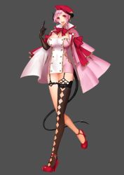 Rule 34 | 1girl, :d, apt, black gloves, black thighhighs, blush, bow, bowtie, breasts, cape, covered navel, demon girl, demon horns, demon tail, dress, elbow gloves, full body, garter straps, gloves, hat, high heels, horns, index finger raised, large breasts, looking at viewer, open mouth, original, pink dress, pink hair, red bow, red bowtie, red eyes, short hair, single thighhigh, smile, solo, standing, strapless, strapless dress, strappy heels, tail, thighhighs, tube dress