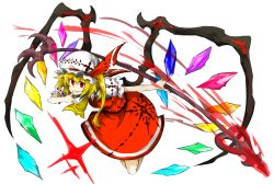 Rule 34 | 1girl, bad id, bad pixiv id, blonde hair, bow, clenched teeth, flandre scarlet, grin, hat, hat bow, kankan33333, laevatein, mob cap, red eyes, side ponytail, smile, solo, teeth, touhou, white hat, wings