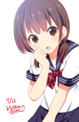 Rule 34 | 1girl, :o, arm up, artist name, blue skirt, blush, bow, bowtie, brown eyes, brown hair, clenched hand, dated, eyebrows, looking at viewer, open mouth, original, ragho no erika, red bow, red bowtie, sailor, shirt, simple background, skirt, solo, tareme, twintails, white background, white shirt
