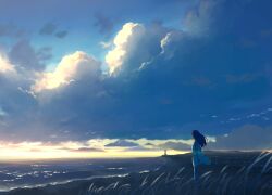Rule 34 | 1girl, anyotete, beach, black hair, blue theme, blurry, breasts, cloud, cloudy sky, commentary, day, depth of field, dress, facing away, floating hair, flock, from side, grass, highres, horizon, light particles, long hair, mountainous horizon, ocean, original, outdoors, scenery, sky, sleeveless, sleeveless dress, small breasts, solo, standing, sundress, sunlight, sunset, white dress, wide shot