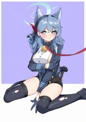 Rule 34 | 1girl, bell, between legs, black thighhighs, blue archive, blue gloves, blue hair, blue hairband, blue jacket, blush, breasts, closed mouth, collar, cowlick, earrings, framed breasts, gloves, grey eyes, hairband, half gloves, hand between legs, highres, holster, holstered, jacket, jewelry, kemonomimi mode, large breasts, leash, long sleeves, looking at viewer, medium hair, neck bell, simple background, sitting, solo, thighhighs, torn clothes, torn thighhighs, wariza, yueyueyue yao