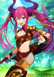 Rule 34 | 1girl, blue eyes, boots, bracelet, breasts, china dress, chinese clothes, cleavage, cleavage cutout, clothing cutout, cosplay, dress, elizabeth bathory (fate), elizabeth bathory (fate/extra ccc), fang, fate/grand order, fate (series), fishnets, forest, jewelry, meiji ken, nature, navel, nezha (fate), nezha (fate) (cosplay), one eye closed, pink hair, polearm, solo, spear, thigh boots, thighhighs, twintails, twitter username, weapon