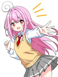 Rule 34 | 1girl, ahoge, blush, collared shirt, highres, kotatsu-mazoku, long hair, long sleeves, necktie, open mouth, original, outstretched arm, pink hair, pleated skirt, red eyes, school uniform, shirt, skirt, smile, solo, sweater vest, very long hair
