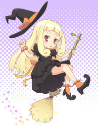 Rule 34 | 1girl, blonde hair, broom, hat, long hair, meow (nekodenki), purple eyes, solo, witch hat