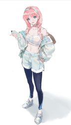 Rule 34 | 1girl, arknights, black leggings, blue eyes, blue poison (arknights), blue poison (shoal beat) (arknights), bottle, braid, breasts, choker, cleavage, collarbone, commentary request, full body, hand on own hip, highres, holding, holding bottle, jacket, leggings, long hair, long sleeves, looking at viewer, medium breasts, off shoulder, official alternate costume, open clothes, open jacket, parted lips, pink choker, pink hair, shadow, shenji laurant, shoes, shorts, simple background, smile, solo, sports bra, standing, twin braids, water bottle, white background, white footwear, white jacket, white shorts, white sports bra