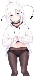 Rule 34 | 1girl, ahoge, black choker, black panties, black pantyhose, blush, bow, bow panties, choker, closed mouth, clothes lift, commentary request, feet out of frame, frown, hair ornament, hairclip, half-closed eyes, highres, hood, hoodie, hoodie lift, lifted by self, looking at viewer, medium hair, navel, original, otokuyou, panties, panties under pantyhose, pantyhose, polka dot, polka dot panties, ringo-chan (otokuyou), solo, standing, underwear, white hair, white hoodie