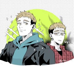 Rule 34 | 2boys, bespectacled, black jacket, brown eyes, brown hair, clone, closed mouth, collared shirt, commentary request, contemporary, cropped torso, dungeon meshi, glasses, grey background, highres, hood, hood down, jacket, laios touden, looking at another, male focus, multiple boys, nishimura, plaid, plaid shirt, polka dot, polka dot background, red shirt, shirt, short hair, smile, sparkling aura, undercut, upper body, very short hair, white background