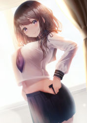 Rule 34 | 1girl, backlighting, bad id, bad pixiv id, black skirt, blush, breasts, brown hair, closed mouth, commentary request, cowboy shot, crop top, crop top overhang, curtains, dressing, dutch angle, hair over shoulder, hair ribbon, highres, indoors, large breasts, long hair, long sleeves, looking at viewer, midriff, miniskirt, navel, neckerchief, open clothes, open skirt, original, photoshop (medium), pleated skirt, purple eyes, purple neckerchief, revision, ribbon, school uniform, serafuku, shirt, sidelocks, skirt, smile, solo, standing, white shirt, window, yk (pixiv43531291)