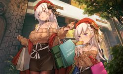 Rule 34 | 2girls, aran sweater, azur lane, bag, bare shoulders, belfast (azur lane), belfast (shopping with the head maid) (azur lane), beret, black skirt, blurry, bow, breasts, brown legwear, brown sweater, cable knit, choker, cleavage, collarbone, commentary request, crepe, day, depth of field, earrings, eating, food, hair bow, hands up, hat, highres, holding, holding food, hoop earrings, jewelry, large breasts, little bel (azur lane), long hair, long sleeves, looking at viewer, miniskirt, multiple girls, off-shoulder sweater, off shoulder, outdoors, pantyhose, parted lips, pencil skirt, purple eyes, red headwear, shawl, shopping bag, sidelocks, skirt, smile, sweater, white hair, yu ni t