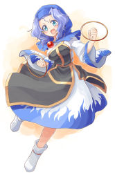 Rule 34 | 1girl, bad id, bad pixiv id, blue eyes, blue hair, breasts, clenched hand, clenched hands, dress, full body, hood, hoop, jewelry, kesa, kumoi ichirin, large breasts, long sleeves, looking at viewer, matching hair/eyes, multicolored clothes, multicolored dress, naka akira, necklace, open mouth, pendant, smile, solo, touhou, wide sleeves