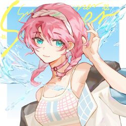 Rule 34 | 1girl, absurdres, arknights, blue eyes, blue poison (arknights), blue poison (shoal beat) (arknights), braid, breasts, choker, cleavage, crop top, hair between eyes, hairband, hand up, highres, looking at viewer, medium breasts, official alternate costume, pink choker, pink hair, short hair, smile, solo, spaghetti strap, sports bra, twin braids, upper body, xianshiyuwangluoshuangchongshekonghuanzhe