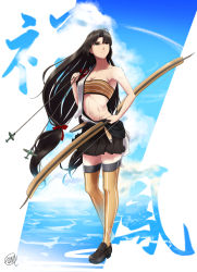 Rule 34 | 10s, 1girl, aircraft, airplane, arrow (projectile), artist name, bandeau, black eyes, black hair, bow (weapon), bra, breasts, brown bra, brown thighhighs, character name, cleavage, cloud, cloudy sky, highres, hime cut, holding, japanese clothes, kanji, kantai collection, loafers, long hair, miniskirt, navel, noica, open clothes, open shirt, pleated skirt, print thighhighs, shirt, shoes, shouhou (kancolle), signature, skirt, sky, solo, standing, strapless, striped bra, striped clothes, thighhighs, tube top, underwear, weapon, wet, zettai ryouiki