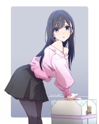 Rule 34 | 1girl, bare shoulders, black hair, black pantyhose, black skirt, blue eyes, commentary request, dated, grey background, highres, long hair, long sleeves, looking at viewer, monai-chan (nii manabu), nii manabu, original, pantyhose, pink shirt, shirt, skirt, solo, standing, two-tone background, white background
