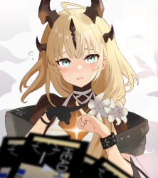 Rule 34 | 1girl, arknights, black gloves, blonde hair, dr.lamina, dragon girl, dragon horns, dress, flower, gloves, green eyes, headhunting permit (arknights), highres, horns, infection monitor (arknights), light in heart, long hair, looking at viewer, official alternate costume, open mouth, pov, reed (arknights), reed the flame shadow (arknights), single glove, upper body, white dress, white flower