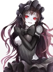 Rule 34 | 10s, 1girl, abyssal ship, bad id, bad pixiv id, black gloves, black hair, bonnet, bow, bowtie, breasts, colored skin, elbow gloves, gloves, gothic lolita, isolated island oni, kantai collection, lolita fashion, long hair, looking at viewer, parted lips, red eyes, sideboob, simple background, smile, solo, torn clothes, white background, white skin, yukihama