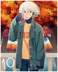 Rule 34 | 1boy, ahoge, android, autumn, autumn leaves, black pants, blue eyes, border, cheer (cheerpuppy14), commentary, danganronpa (series), danganronpa v3: killing harmony, earphones, earphones removed, english commentary, green jacket, grey hair, highres, holding, holding phone, jacket, k1-b0, leaf, male focus, maple leaf, open clothes, open jacket, open mouth, orange shirt, outdoors, pants, phone, plaid, plaid jacket, plaid shirt, shirt, short hair, sideways glance, sleeves past wrists, solo, teeth, tree, upper teeth only, water, white border