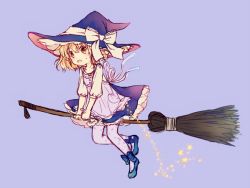 Rule 34 | 1girl, :o, adapted costume, blonde hair, blue footwear, blush, broom, broom riding, dress, hat, kirisame marisa, purple thighhighs, shoes, short hair, siva, solo, sparkle, star (symbol), surprised, sweatdrop, thighhighs, touhou, witch hat, yellow eyes