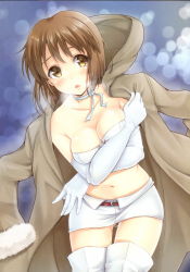 Rule 34 | 1girl, absurdres, bare shoulders, blush, boots, breasts, brown eyes, brown hair, bustier, cleavage, coat, courreges ace, elbow gloves, gloves, hagiwara yukiho, highres, idolmaster, idolmaster (classic), miniskirt, navel, neck ribbon, open mouth, ribbon, scan, short hair, skirt, solo, thigh boots, thighhighs, white gloves
