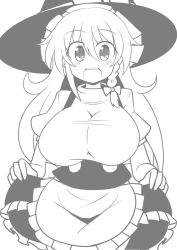 Rule 34 | 1girl, :d, apron, blush, braid, breasts, clothes lift, curvy, greyscale, hat, highres, impossible clothes, kirisame marisa, large breasts, lifted by self, long hair, looking at viewer, miniskirt, monochrome, open mouth, rindou (p41neko), short sleeves, side braid, single braid, skirt, skirt lift, smile, solo, teeth, touhou, turtleneck, vest, waist apron, witch hat