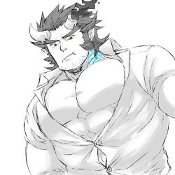 Rule 34 | 1boy, bara, body markings, broken horn, bursting pectorals, collared shirt, demon boy, demon horns, facial hair, fang, from below, frown, horns, large pectorals, long sideburns, looking at viewer, male focus, mature male, mugi (pixiv 187163), muscular, muscular male, partially unbuttoned, pectoral cleavage, pectorals, red eyes, shirt, short hair, sideburns, solo, spot color, stubble, takemaru (housamo), thick eyebrows, tokyo houkago summoners, upper body
