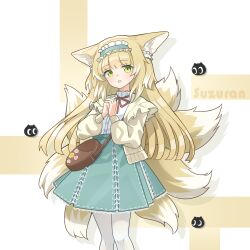 Rule 34 | 1girl, :d, absurdres, animal ears, arknights, bag, blonde hair, blue skirt, brown bag, cardigan, character name, feet out of frame, fox ears, fox girl, fox tail, frilled hairband, frills, green eyes, hairband, heixiu, highres, jiuyu qame, long hair, long sleeves, luo xiaohei zhanji, multicolored hair, neck ribbon, official alternate costume, open cardigan, open clothes, open mouth, own hands together, pantyhose, red ribbon, ribbon, shirt, shirt tucked in, shoulder bag, simple background, skirt, smile, solo, streaked hair, suzuran (arknights), suzuran (spring praise) (arknights), tail, white hair, white pantyhose, white shirt, yellow cardigan