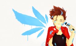 Rule 34 | 00s, 1boy, artist request, brown hair, closed eyes, grin, happy, highres, lloyd irving, male focus, paint, short hair, smile, solo, tales of (series), tales of symphonia, upper body, white background