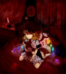 Rule 34 | 1girl, ascot, bare legs, blonde hair, candle, clock, couch, curtains, dress, embodiment of scarlet devil, female focus, fire, fire, flandre scarlet, frills, from above, glowing, glowing wings, hair between eyes, hat, highres, looking up, open mouth, pen (pixiv257621), pillow, red eyes, roman numeral, short hair, sitting, slit pupils, solo, star (symbol), stuffed animal, stuffed toy, stuffing, teddy bear, touhou, wariza, wings
