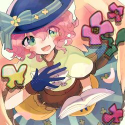Rule 34 | 1girl, 32rhodium62, angel, angel wings, blue gloves, blue hat, blue skirt, blush, book, curly hair, feathers, flower, gloves, green eyes, harpy (puyopuyo), hat, hat flower, highres, holding, holding book, looking at viewer, official alternate costume, open mouth, pink hair, puyopuyo, puyopuyo quest, skirt, smile, solo, white background, wings, yellow wings