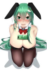 Rule 34 | 1girl, alternate costume, animal ears, bare shoulders, black pantyhose, blush, bow, bowtie, breasts, cellphone, cleavage, detached collar, embarrassed, fake animal ears, frog hair ornament, from above, green eyes, green hair, hair between eyes, hair ornament, hair tubes, heavy breathing, highres, kneeling, kochiya sanae, large breasts, leotard, long hair, looking at viewer, looking up, matching hair/eyes, nose blush, onineko-chan, pantyhose, parted lips, phone, playboy bunny, rabbit ears, red bow, red bowtie, smartphone, solo, tawawa challenge, tears, thigh gap, touhou, trembling, very long hair