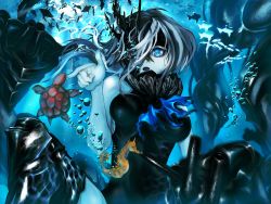 Rule 34 | 1girl, abyssal ship, air bubble, armor, armored boots, ascot, blue eyes, boots, bubble, commentary request, day, fish, hair over one eye, high collar, highres, kantai collection, light rays, marine day, ne-class heavy cruiser, ocean, open mouth, pale skin, poking, school of fish, seahorse, shirt, silhouette, sitting, sleeveless, sleeveless shirt, solo, spread legs, sunbeam, sunlight, thighhighs, thighs, turret, turtle, underwater, white hair, zinz