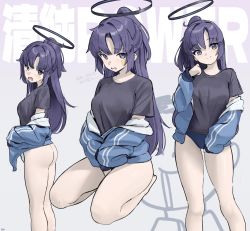Rule 34 | 1girl, ass, black shirt, blue archive, blue jacket, bottomless, breasts, buruma, halo, highres, jacket, jacket partially removed, kneeling, long hair, looking at viewer, medium breasts, multiple views, off shoulder, ponytail, purple eyes, purple hair, shirt, solo, songchuan li, star (symbol), sticker on face, t-shirt, track jacket, yuuka (blue archive), yuuka (track) (blue archive)