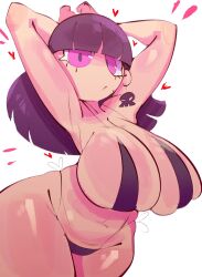 Rule 34 | 1girl, amara (bulletcap), armpits, arms up, bikini, black bikini, breasts, bulletcap, earrings, eyelashes, female focus, highres, huge breasts, jewelry, looking at viewer, mole, mole under mouth, pink hair, purple hair, skull, solo, swimsuit, thick thighs, thighs, wide hips