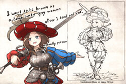 Rule 34 | 1girl, armor, blue eyes, boobplate, boots, breastplate, brown hair, closed mouth, codpiece, english text, hat, highres, holding, holding sword, holding weapon, ironlily, landsknecht, landsknecht (ironlily), long sleeves, original, portrait, puff and slash sleeves, puffy long sleeves, puffy sleeves, smile, sword, weapon