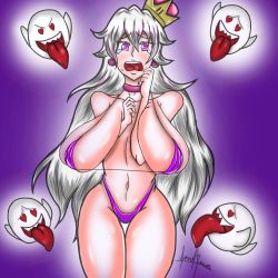 Rule 34 | 1girl, arms under breasts, bikini, breasts, breasts apart, choker, crown hair ornament, crying, crying with eyes open, dilane93, female focus, mario (series), micro bikini, nintendo, princess king boo, purple eyes, solo, swimsuit, tears, thick thighs, thighs, white hair
